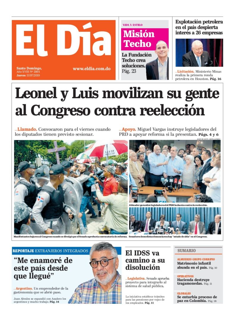 Portada Periódico El Día, Jueves 11 de Julio, 2019