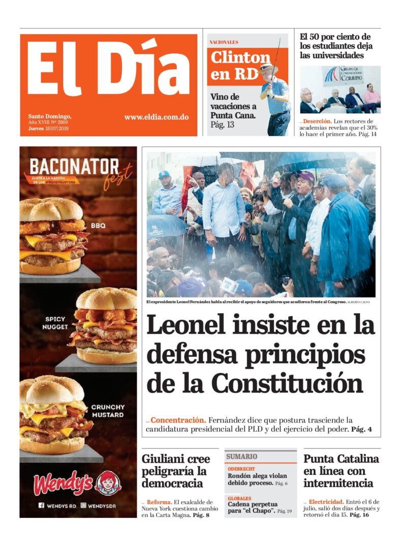 Portada Periódico El Día, Jueves 18 de Julio, 2019