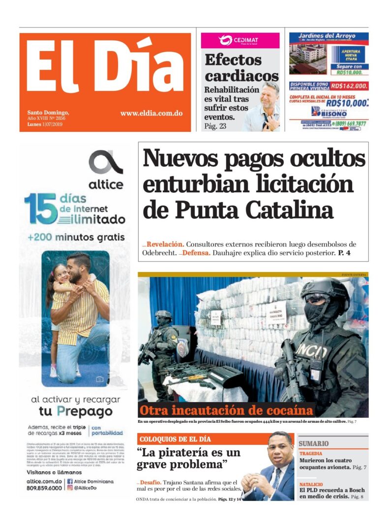 Portada Periódico El Día, Lunes 01 de Julio, 2019