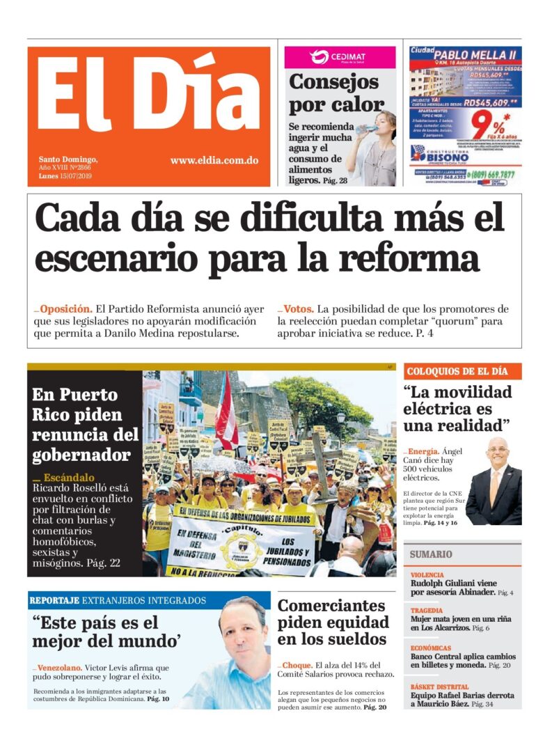 Portada Periódico El Día, Lunes 15 de Julio, 2019