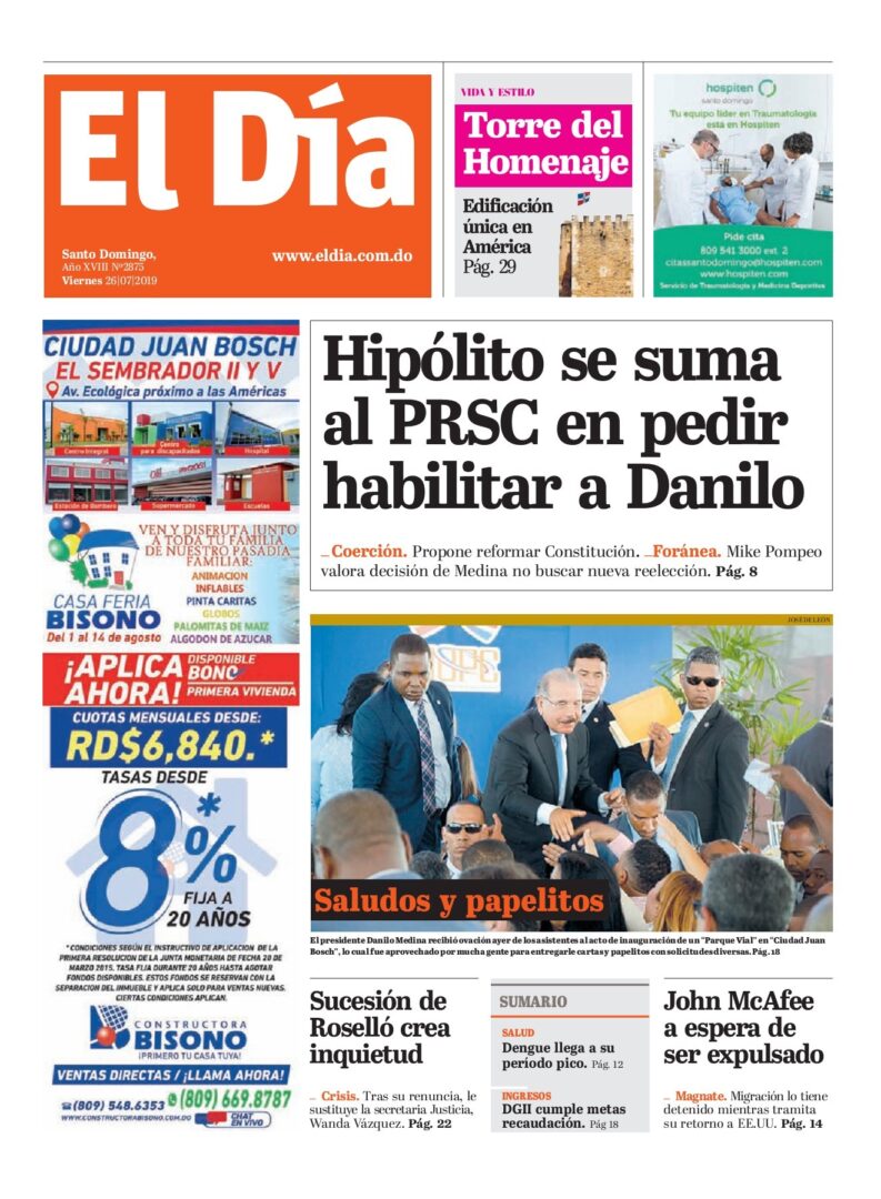 Portada Periódico El Día, Viernes 26 de Julio, 2019