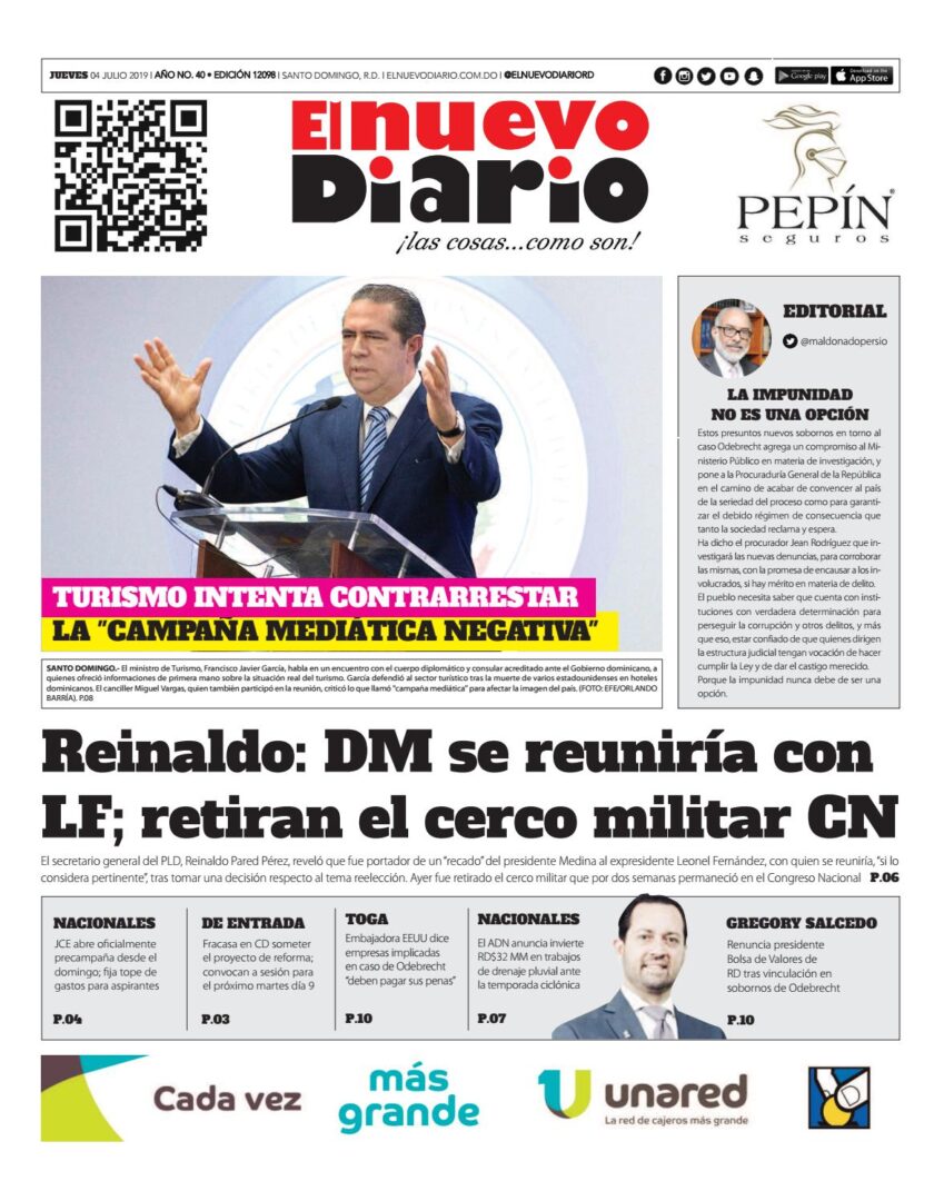 Portada Periódico El Nuevo Diario, Jueves 04 de Julio, 2019