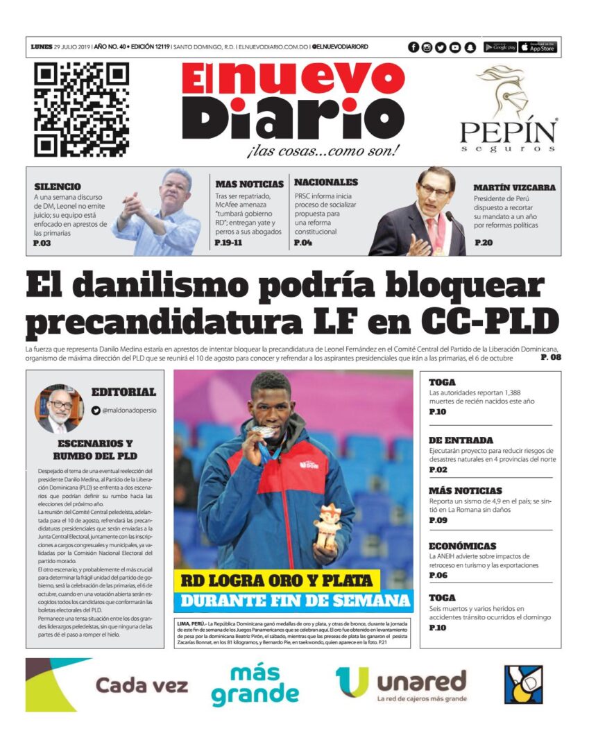 Portada Periódico El Nuevo Diario, Lunes 29 de Julio, 2019