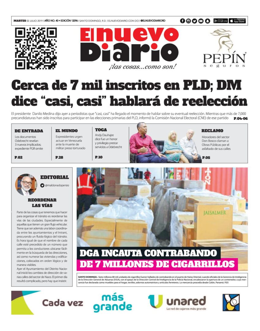 Portada Periódico El Nuevo Diario, Martes 02 de Julio, 2019