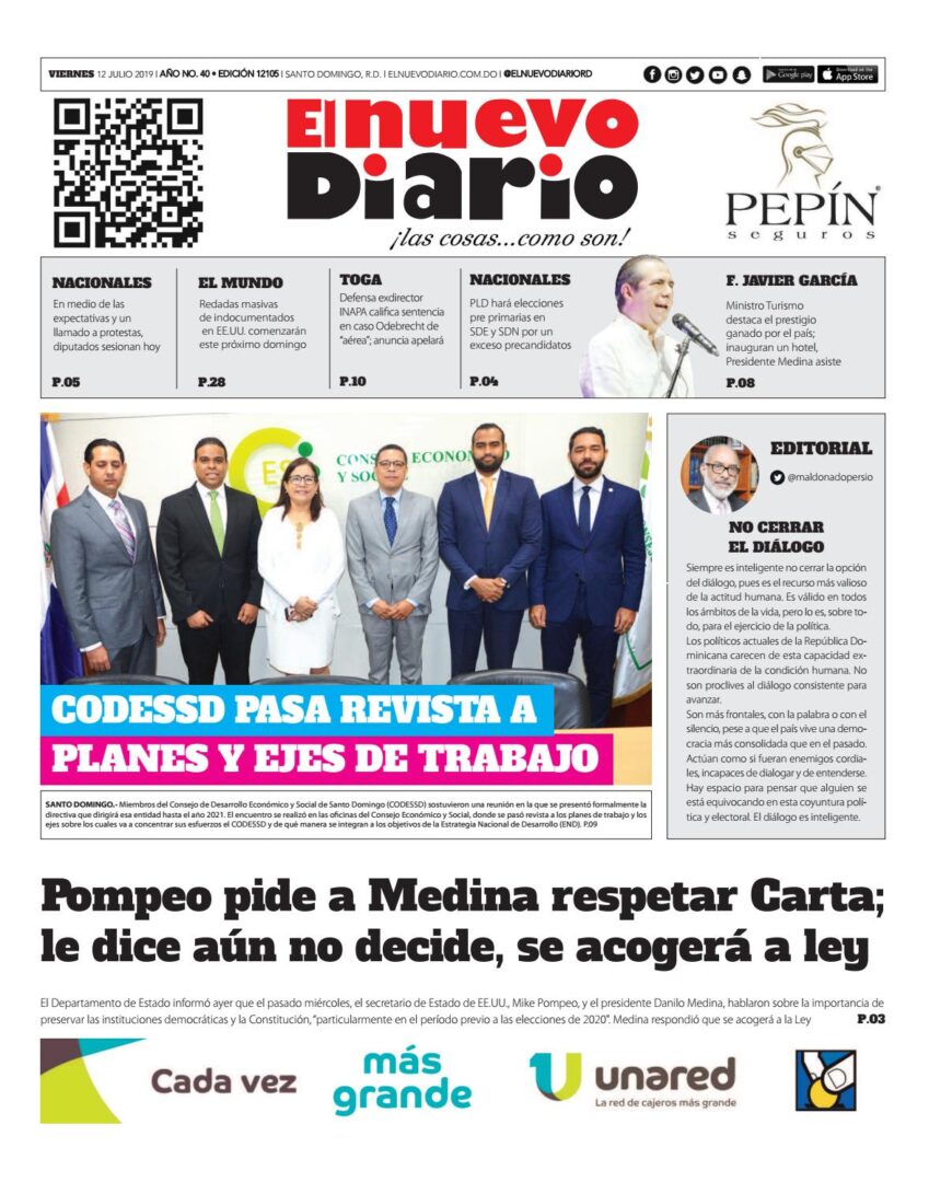 Portada Periódico El Nuevo Diario, Viernes 12 de Julio, 2019