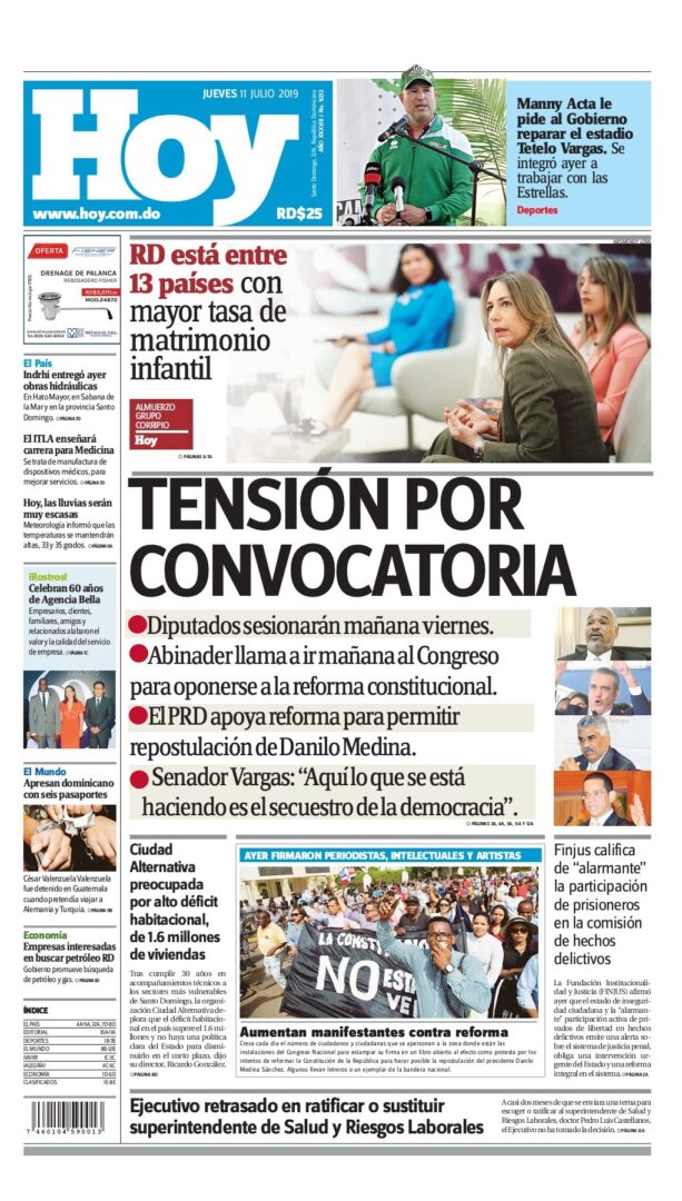 Portada Periódico Hoy, Jueves 11 de Julio, 2019