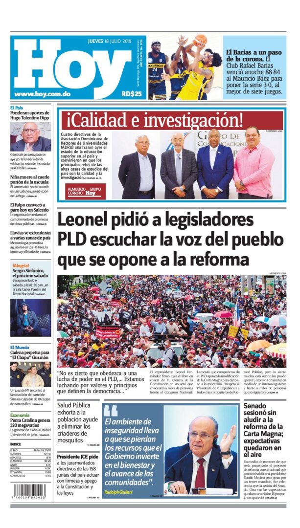 Portada Periódico Hoy, Jueves 18 de Julio, 2019