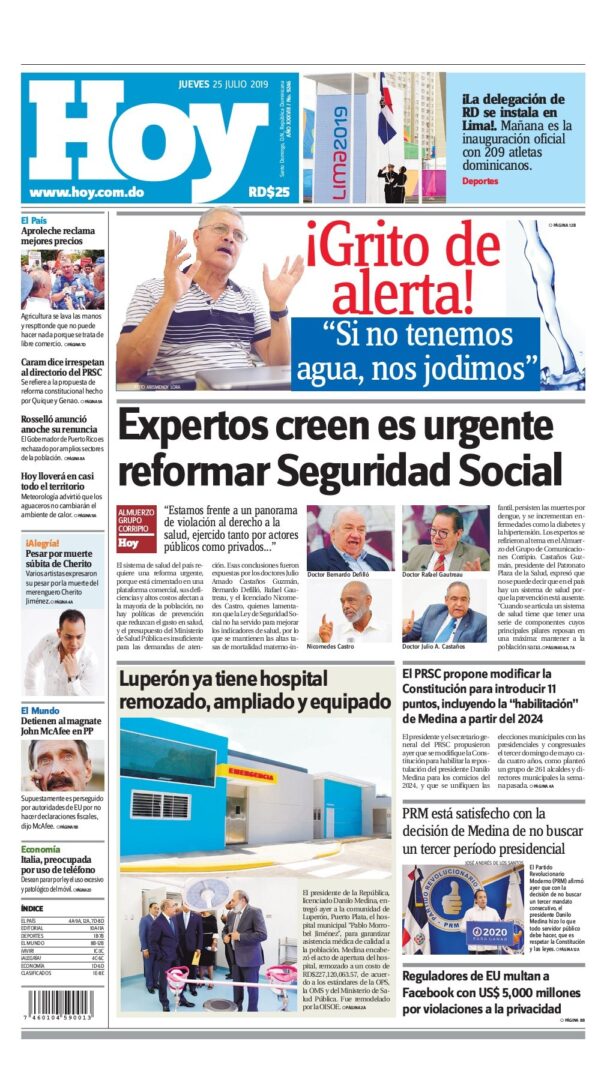 Portada Periódico Hoy, Jueves 25 de Julio, 2019