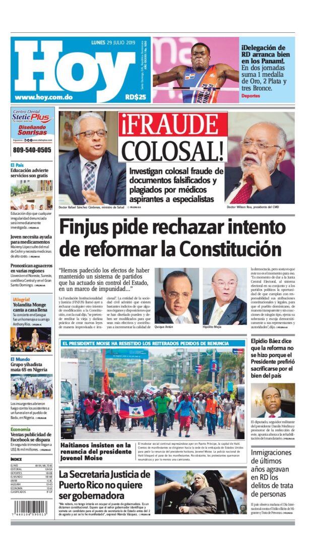 Portada Periódico Hoy, Lunes 29 de Julio, 2019