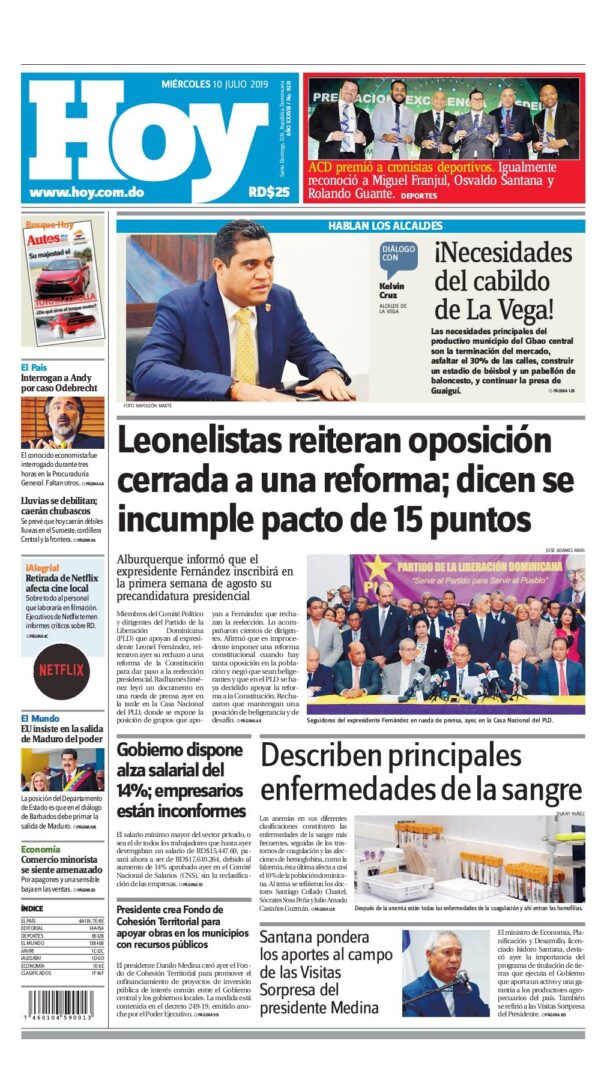 Portada Periódico Hoy, Miércoles 10 de Julio, 2019