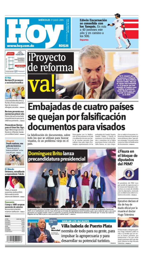 Portada Periódico Hoy, Miércoles 17 de Julio, 2019
