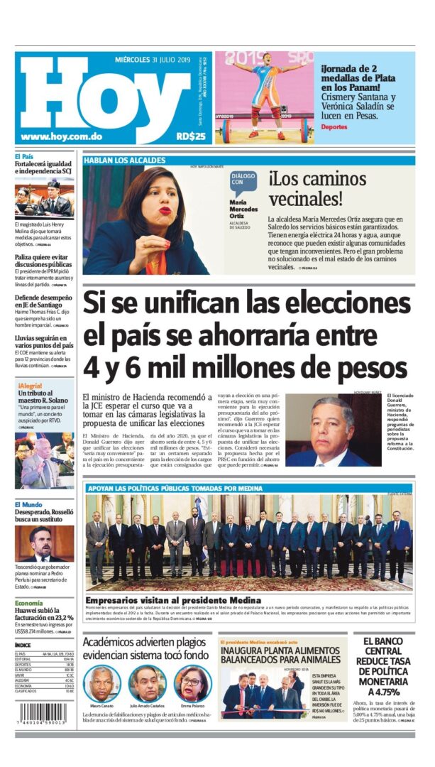 Portada Periódico Hoy, Miércoles 31 de Julio, 2019