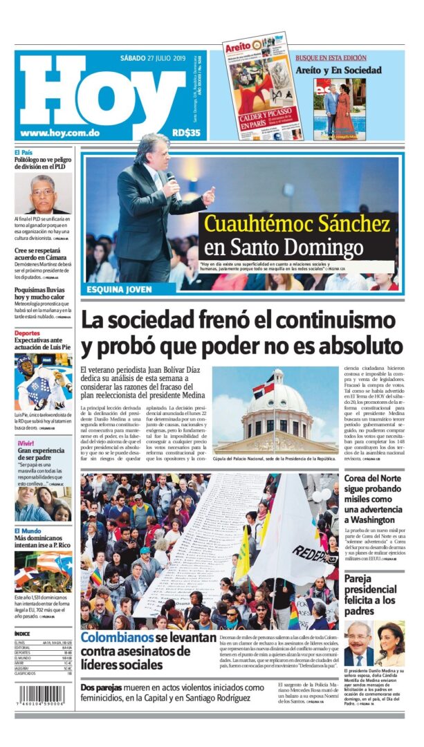 Portada Periódico Hoy, Sábado 27 de Julio, 2019