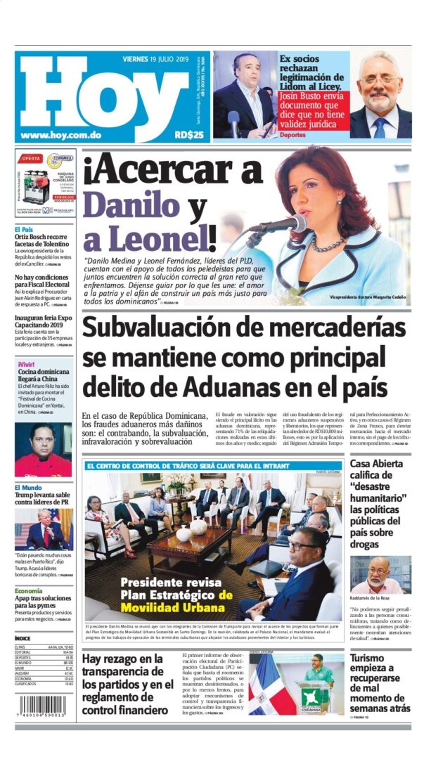Portada Periódico Hoy, Viernes 19 de Julio, 2019