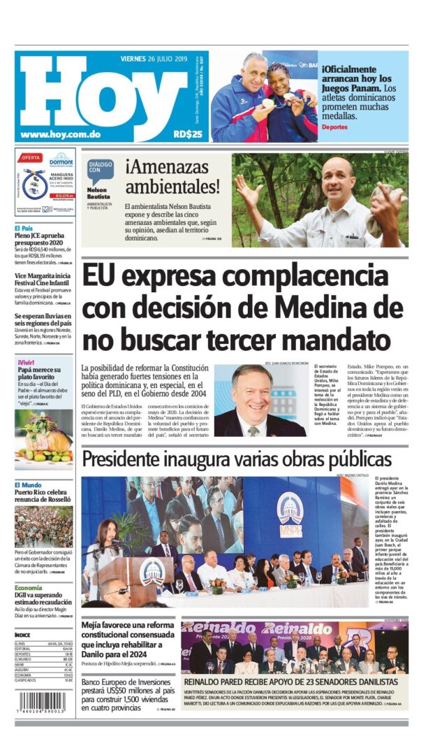 Portada Periódico Hoy, Viernes 26 de Julio, 2019