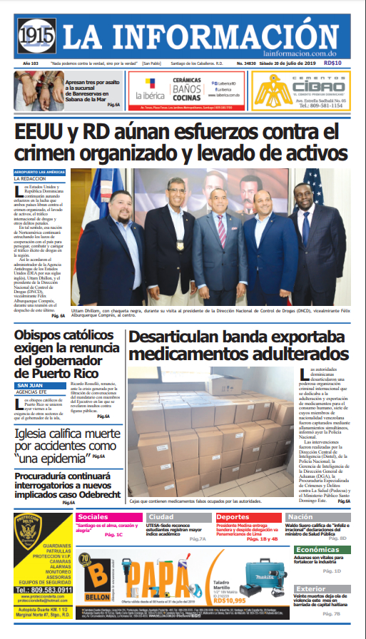 Portada Periódico La Información, Domingo 21 de Julio, 2019