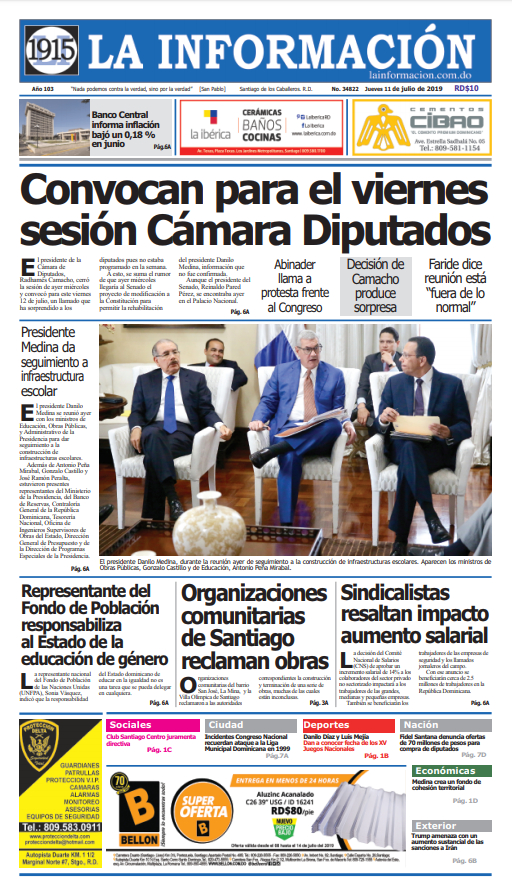 Portada Periódico La Información, Jueves 11 de Julio, 2019