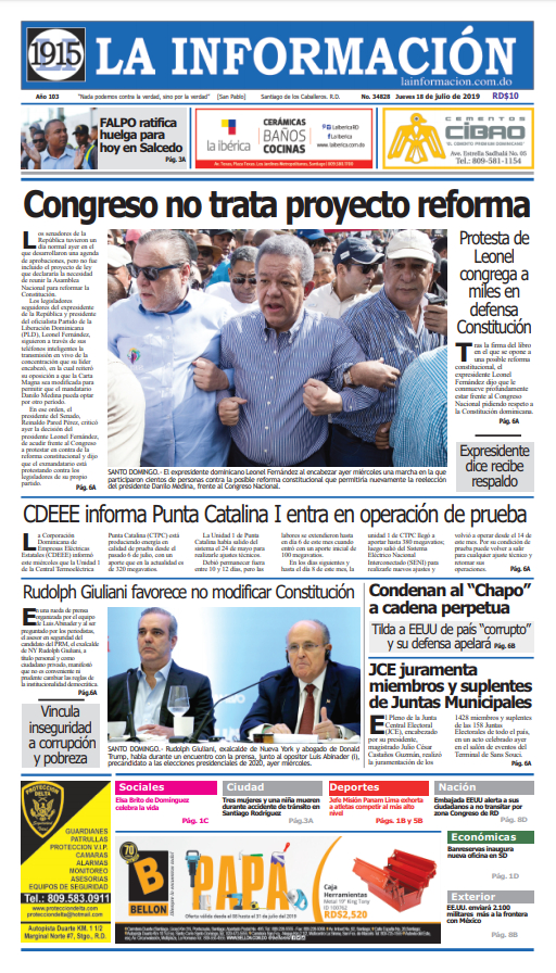 Portada Periódico La Información, Jueves 18 de Julio, 2019