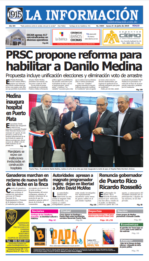 Portada Periódico La Información, Jueves 25 de Julio, 2019