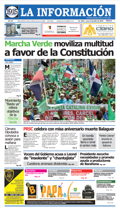Portada Periódico La Información, Lunes 15 de Julio, 2019