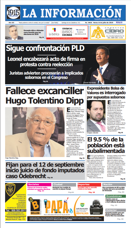 Portada Periódico La Información, Martes 16 de Julio, 2019