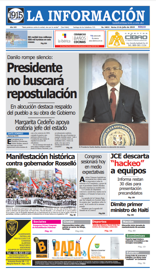 Portada Periódico La Información, Martes 23 de Julio, 2019