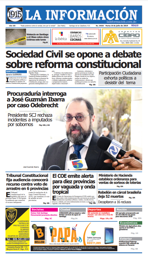 Portada Periódico La Información, Martes 30 de Julio, 2019