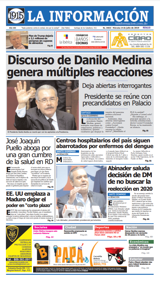 Portada Periódico La Información, Miércoles 24 de Julio, 2019