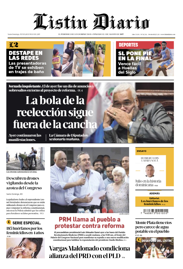 Portada Periódico Listín Diario, Jueves 11 de Julio, 2019