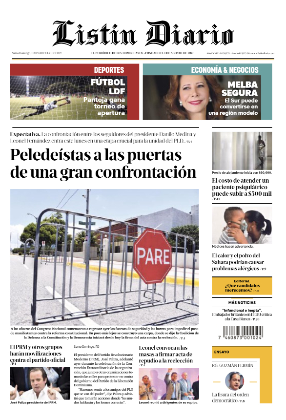 Portada Periódico Listín Diario, Lunes 08 de Julio, 2019