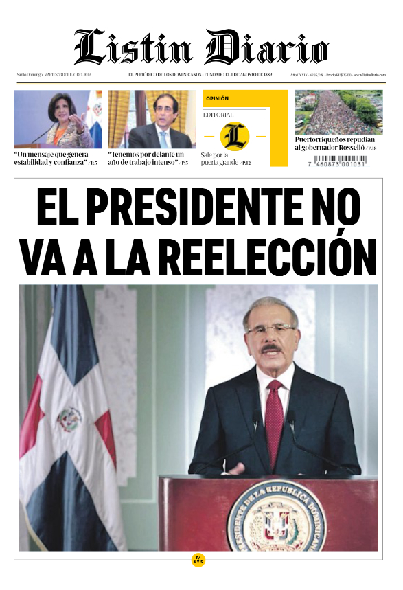 Portada Periódico Listín Diario, Martes 23 de Julio, 2019