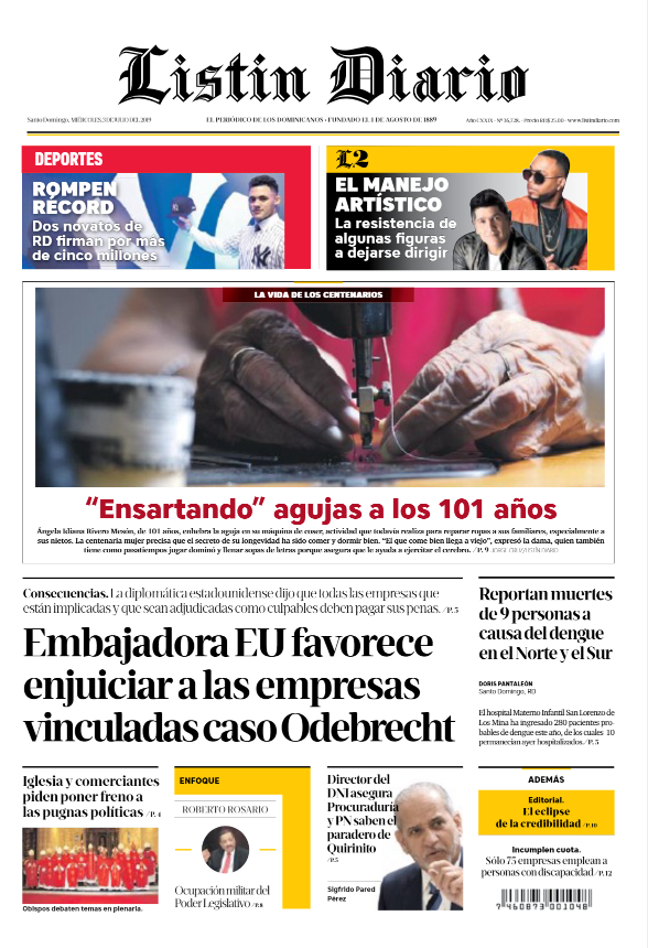Portada Periódico Listín Diario, Miércoles 03 de Julio, 2019