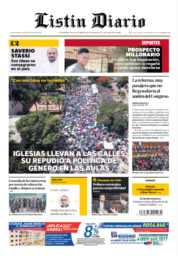 Portada Periódico Listín Diario, Viernes 05 de Julio, 2019