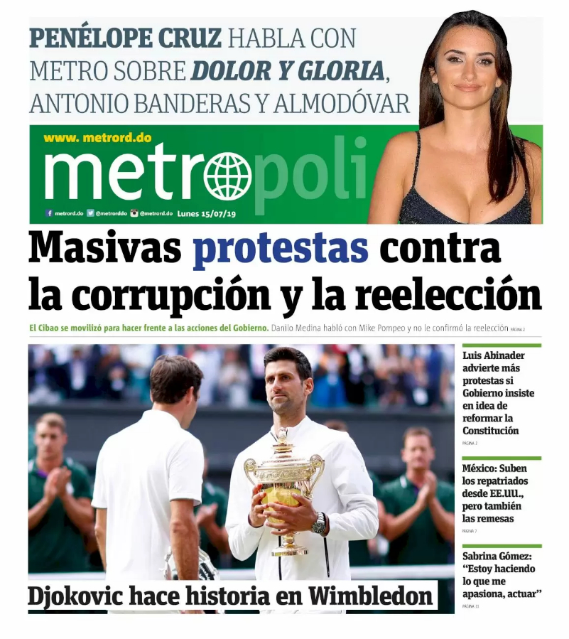 Portada Periódico Metro, Lunes 15 de Julio, 2019
