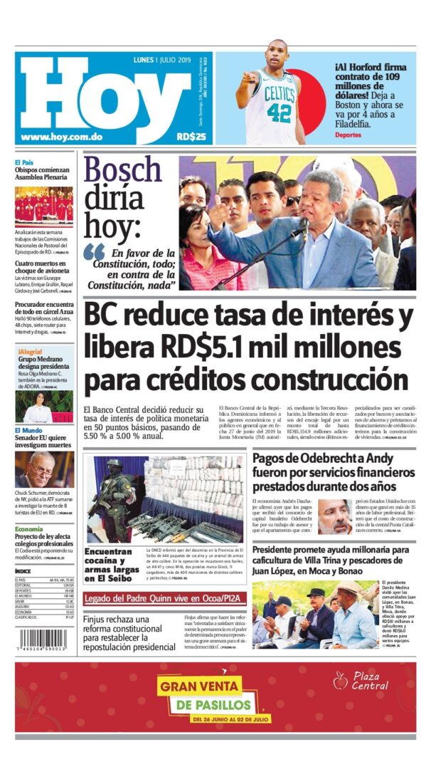 Portada Periódico Periódico Hoy, Lunes 01 de Julio, 2019