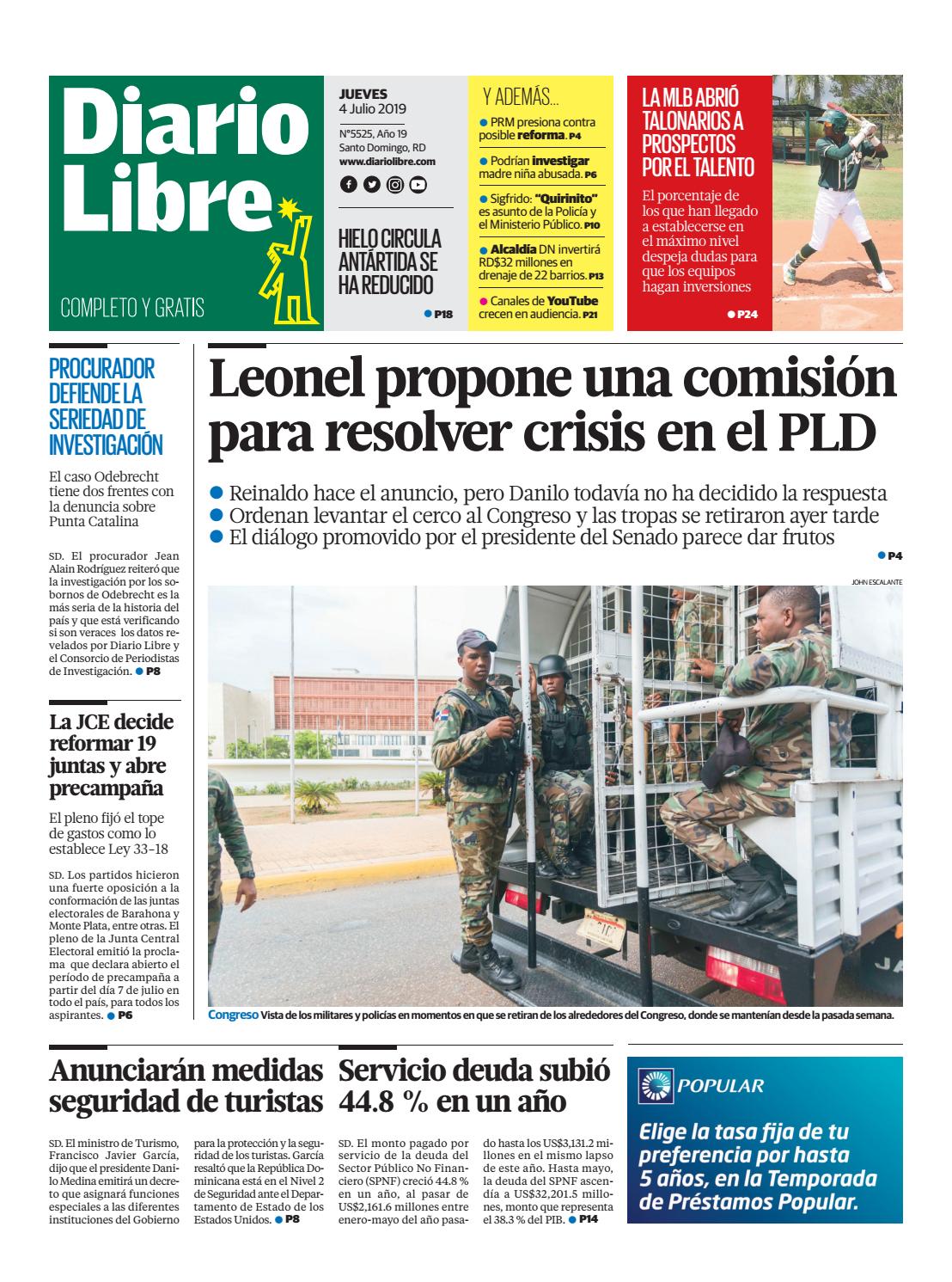 Portada Periódico Diario Libre, Jueves 04 de Julio, 2019
