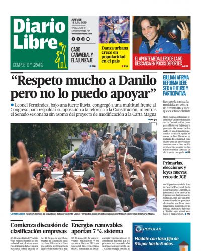 Portada Periódico Diario Libre, Jueves 18 de Julio, 2019