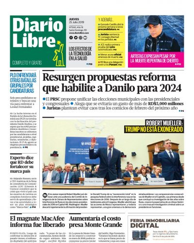 Portada Periódico Diario Libre, Jueves 25 de Julio, 2019