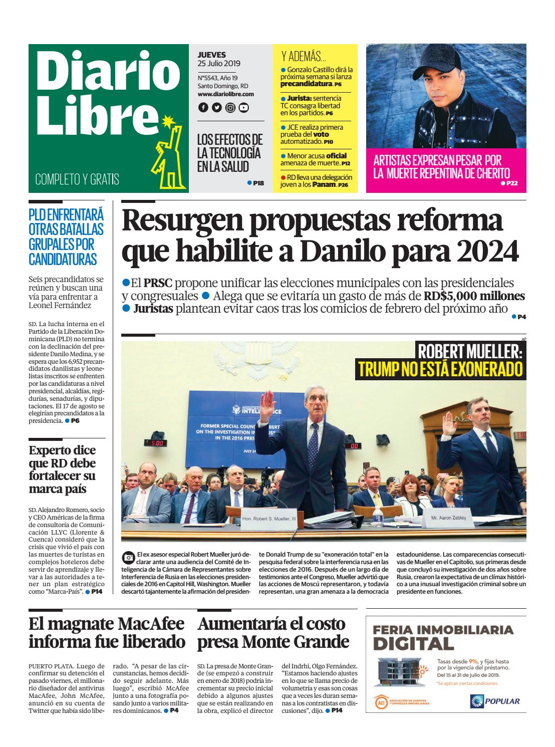 Portada Periódico Diario Libre, Jueves 25 de Julio, 2019