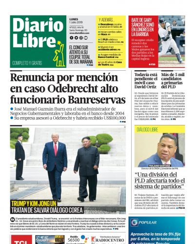 Portada Periódico Diario Libre, Lunes 01 de Julio, 2019