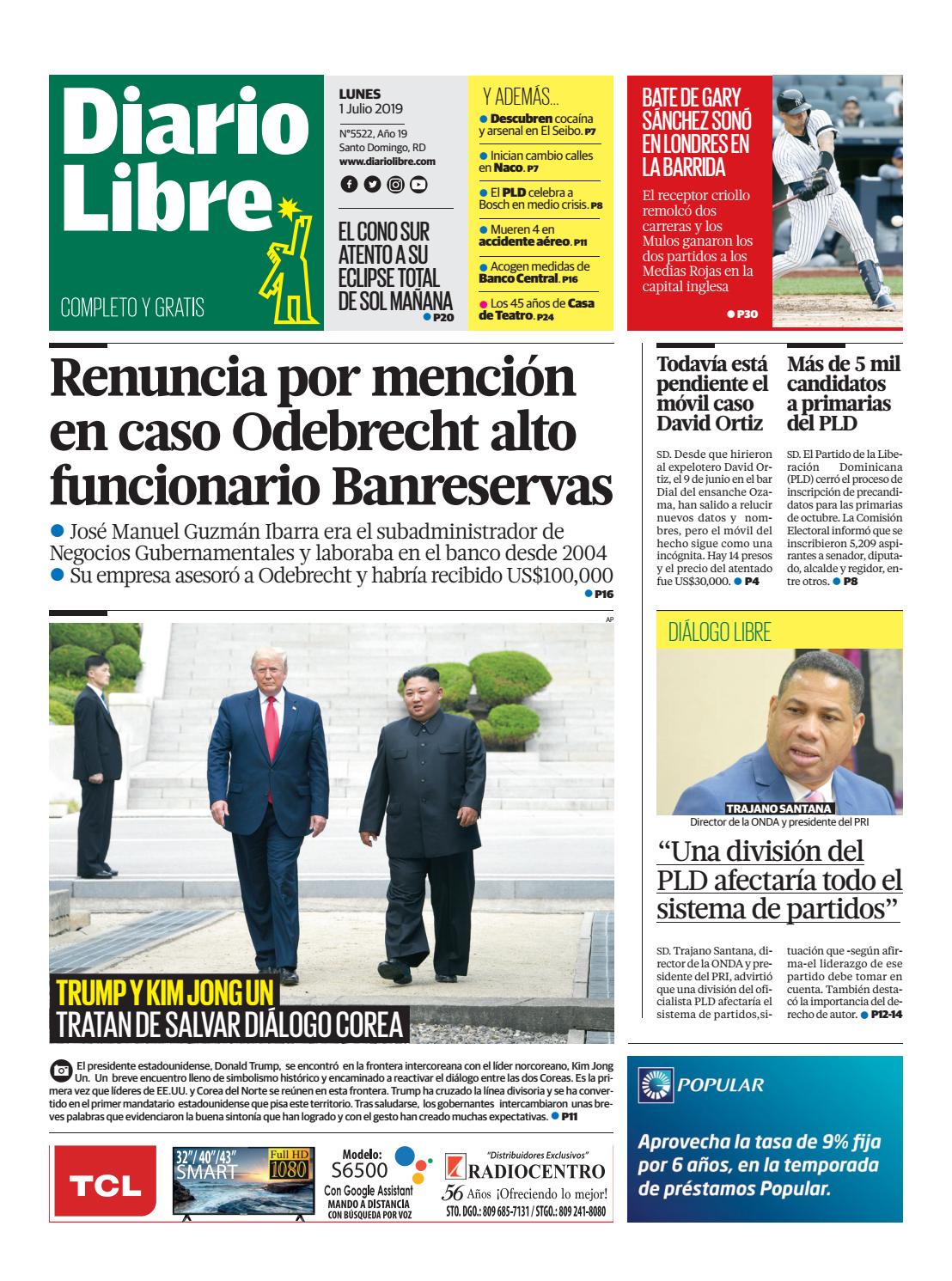 Portada Periódico Diario Libre, Lunes 01 de Julio, 2019