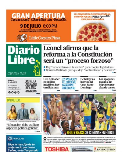 Portada Periódico Diario Libre, Lunes 08 de Julio, 2019