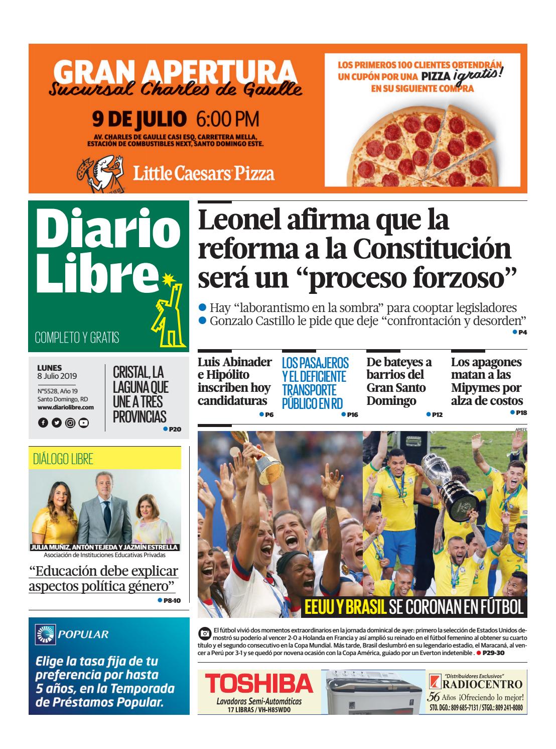 Portada Periódico Diario Libre, Lunes 08 de Julio, 2019
