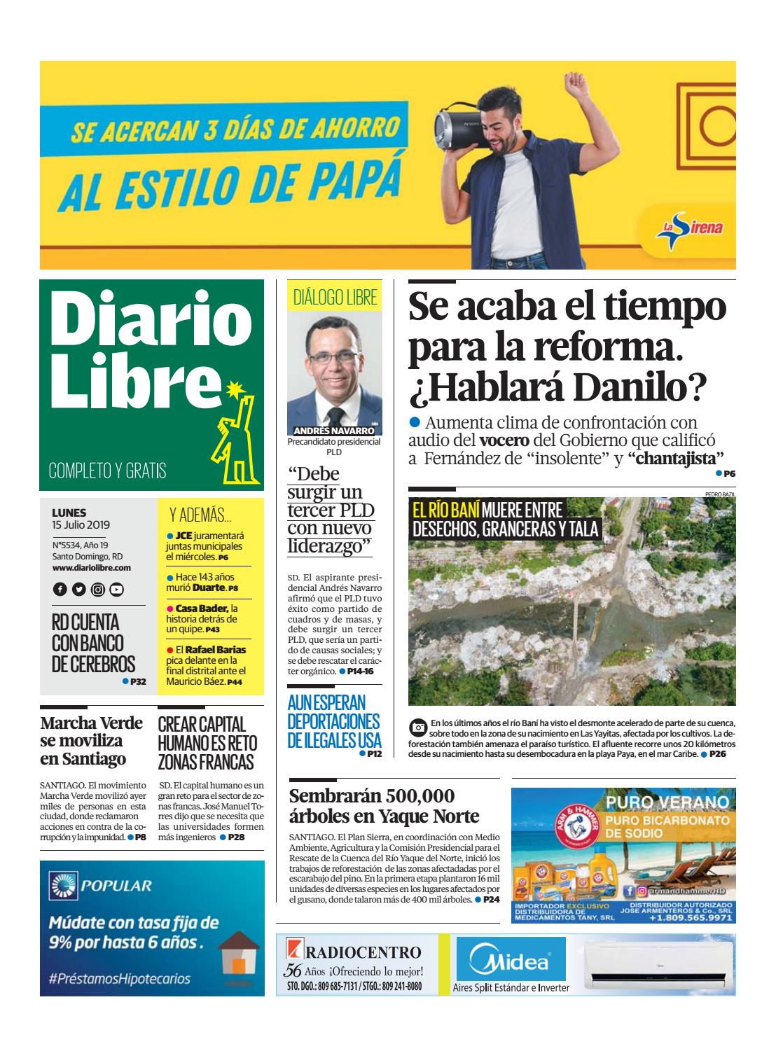 Portada Periódico Diario Libre, Lunes 15 de Julio, 2019