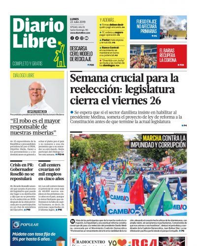 Portada Periódico Diario Libre, Lunes 22 de Julio, 2019