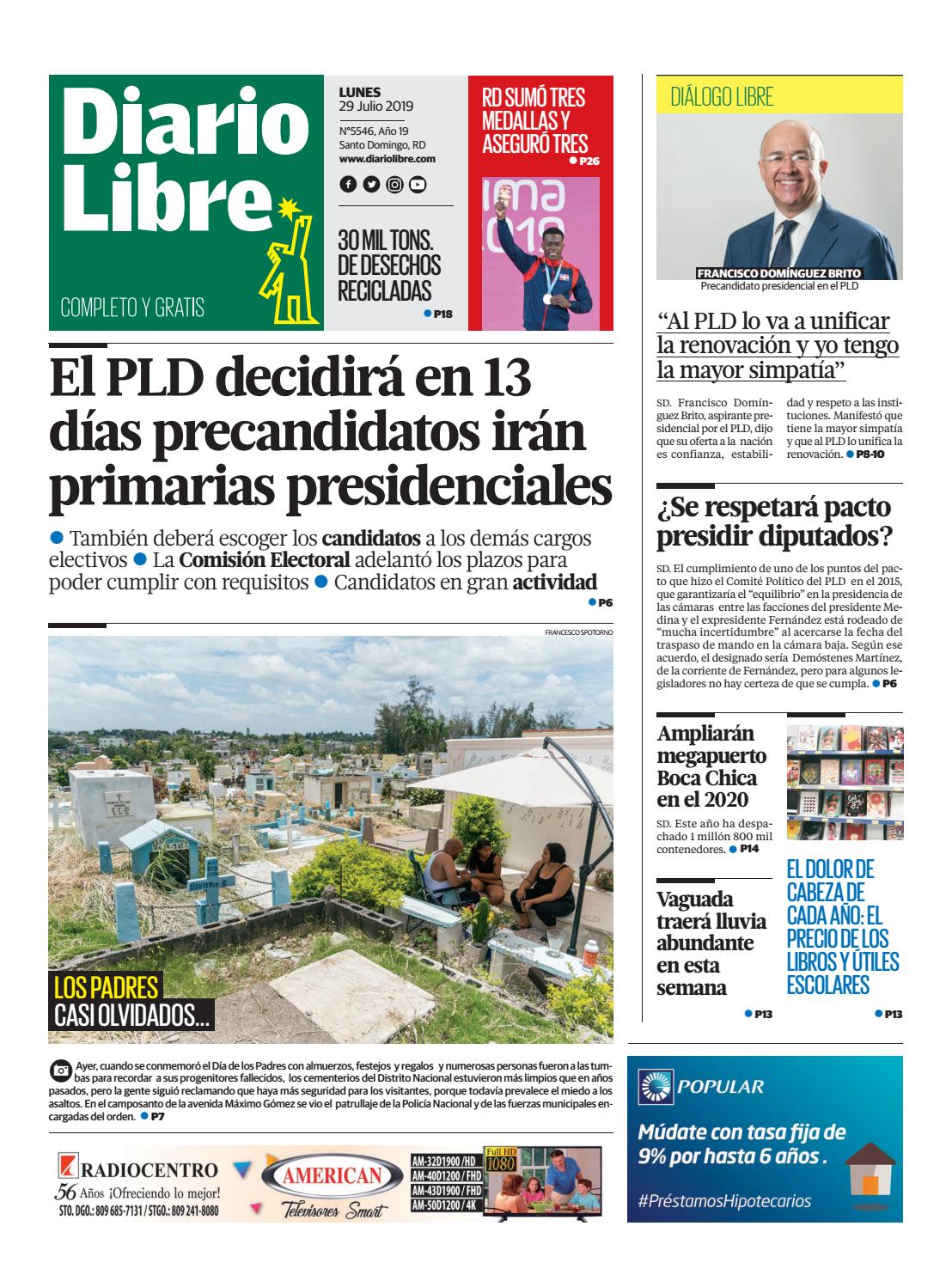 Portada Periódico Diario Libre, Lunes 29 de Julio, 2019