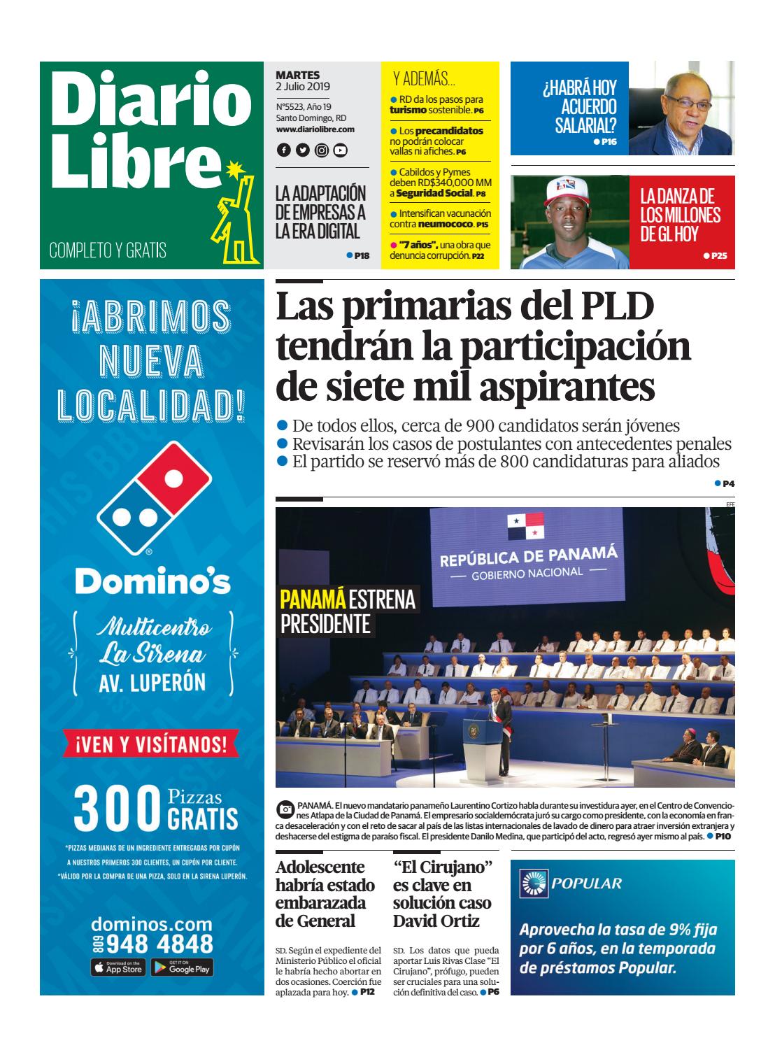 Portada Periódico Diario Libre, Martes 02 de Julio, 2019