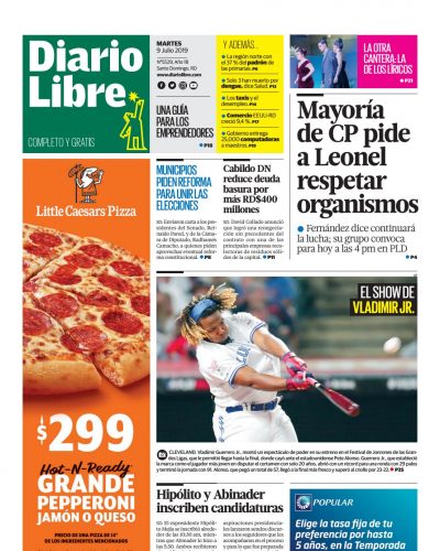 Portada Periódico Diario Libre, Martes 09 de Julio, 2019