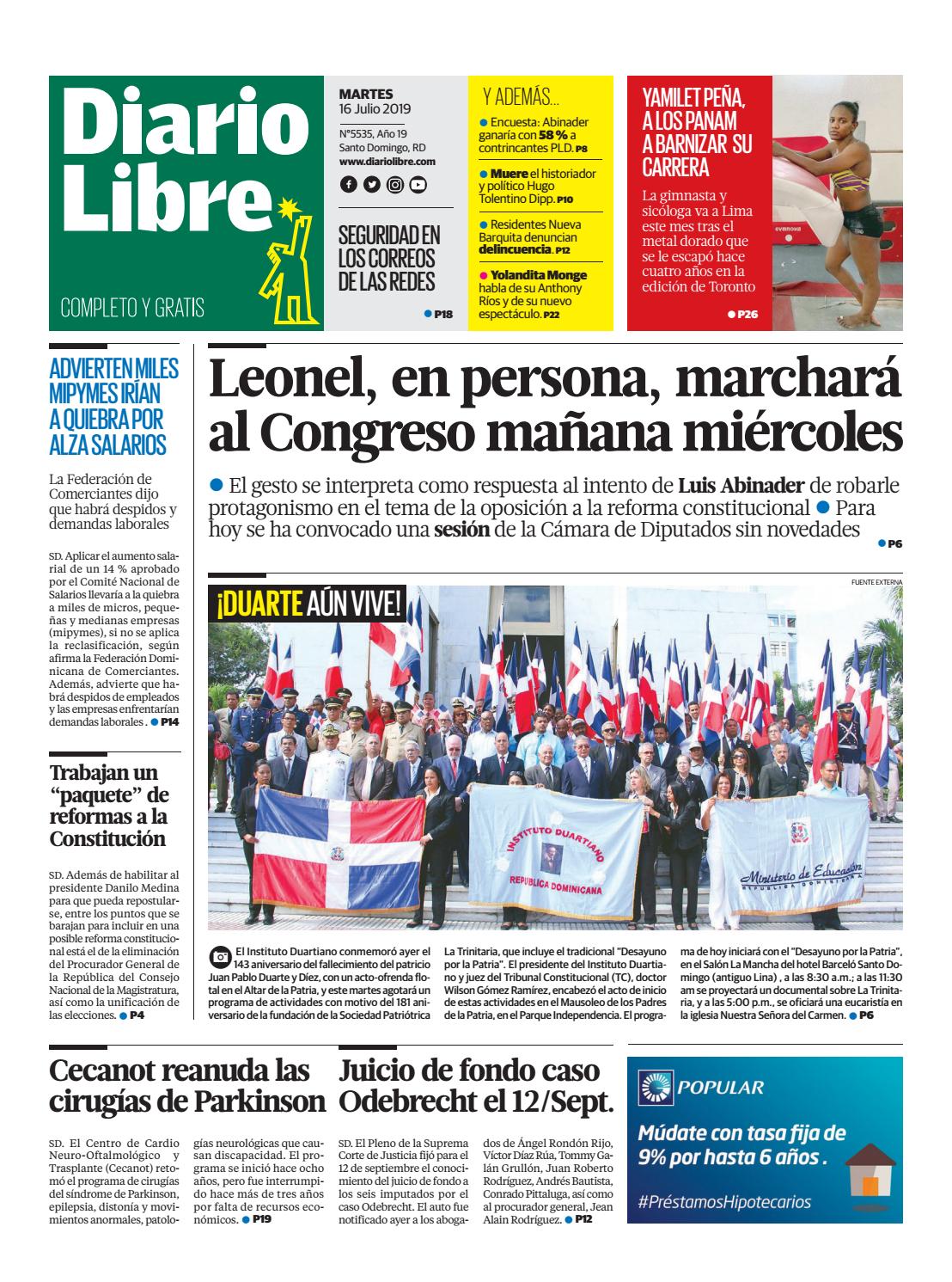 Portada Periódico Diario Libre, Martes 16 de Julio, 2019