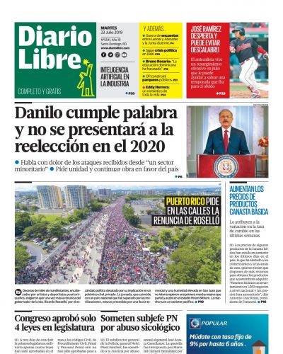 Portada Periódico Diario Libre, Martes 23 de Julio, 2019